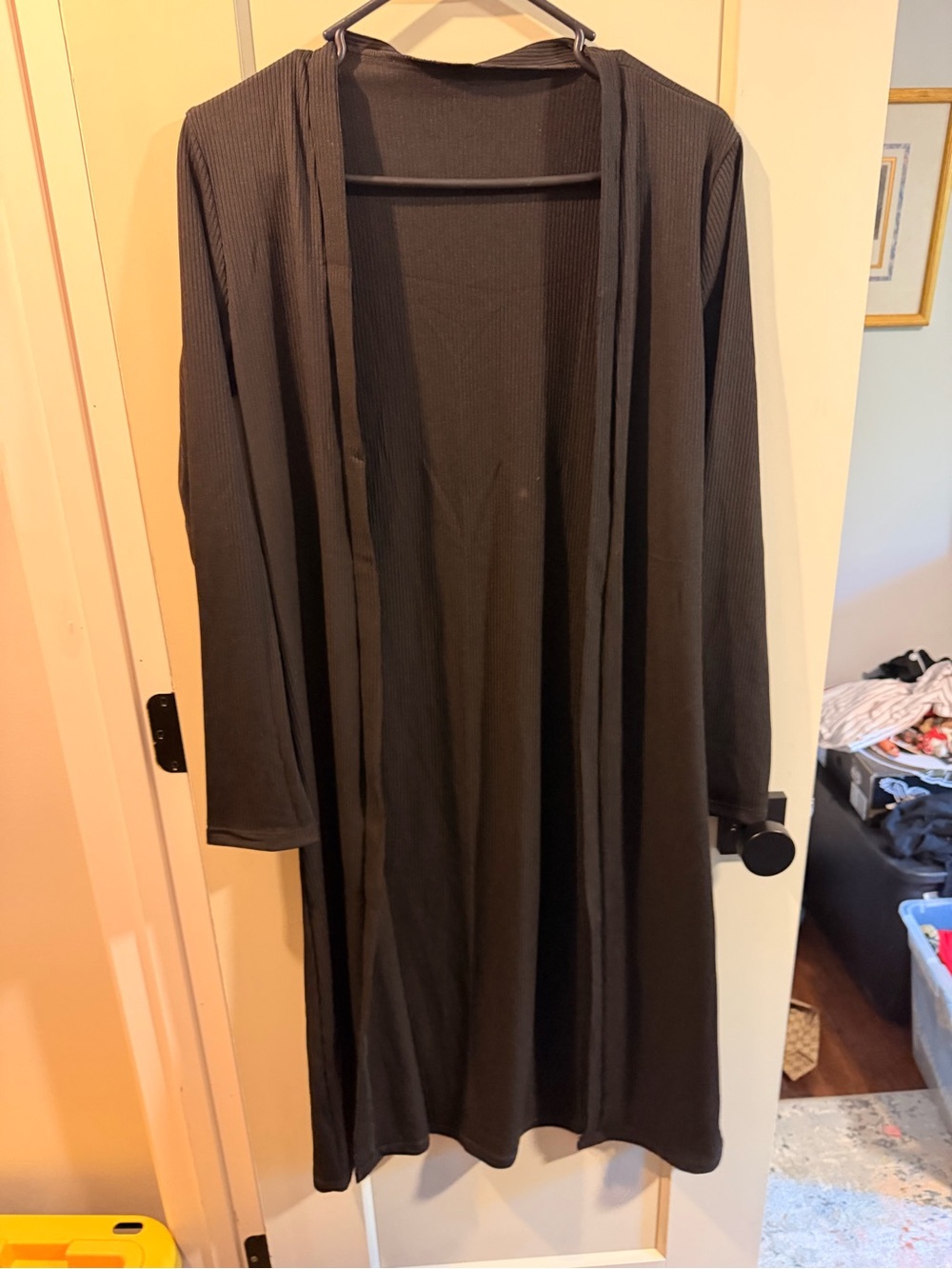 Long Open-Front Black Ribbed Women's Cardigan